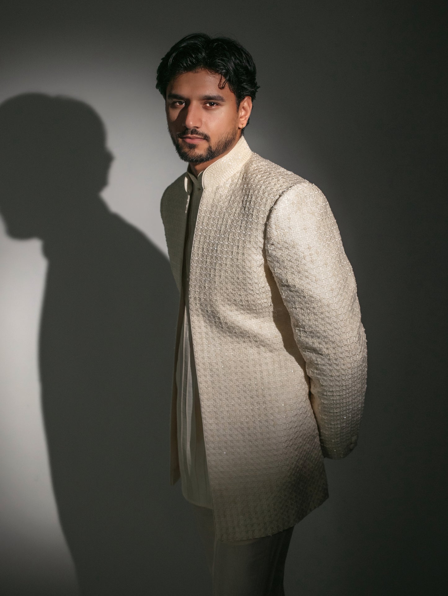 Pearl Embroidered Open Sherwani Set