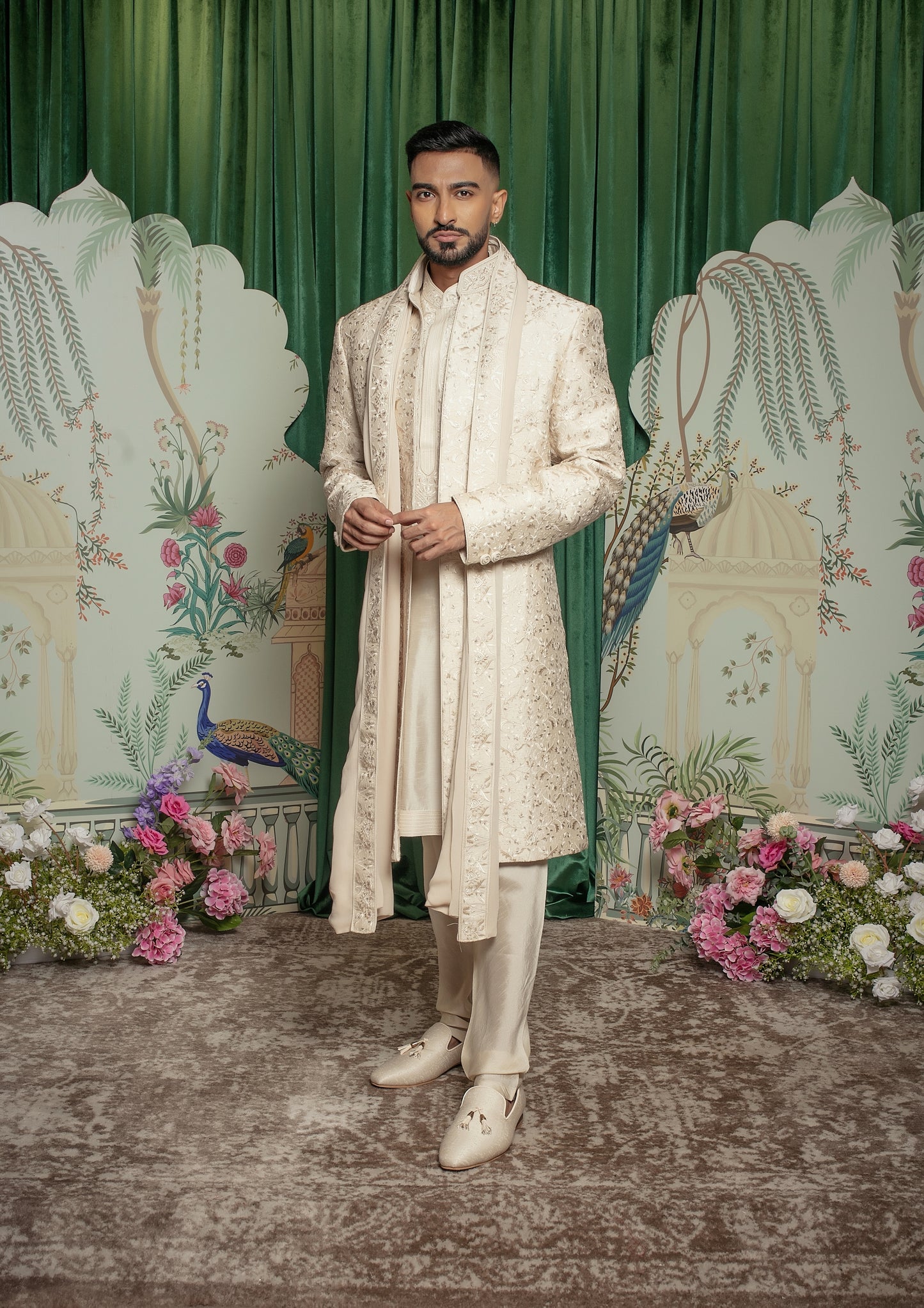 Beige Dupion Digital Embroidered Sherwani Set