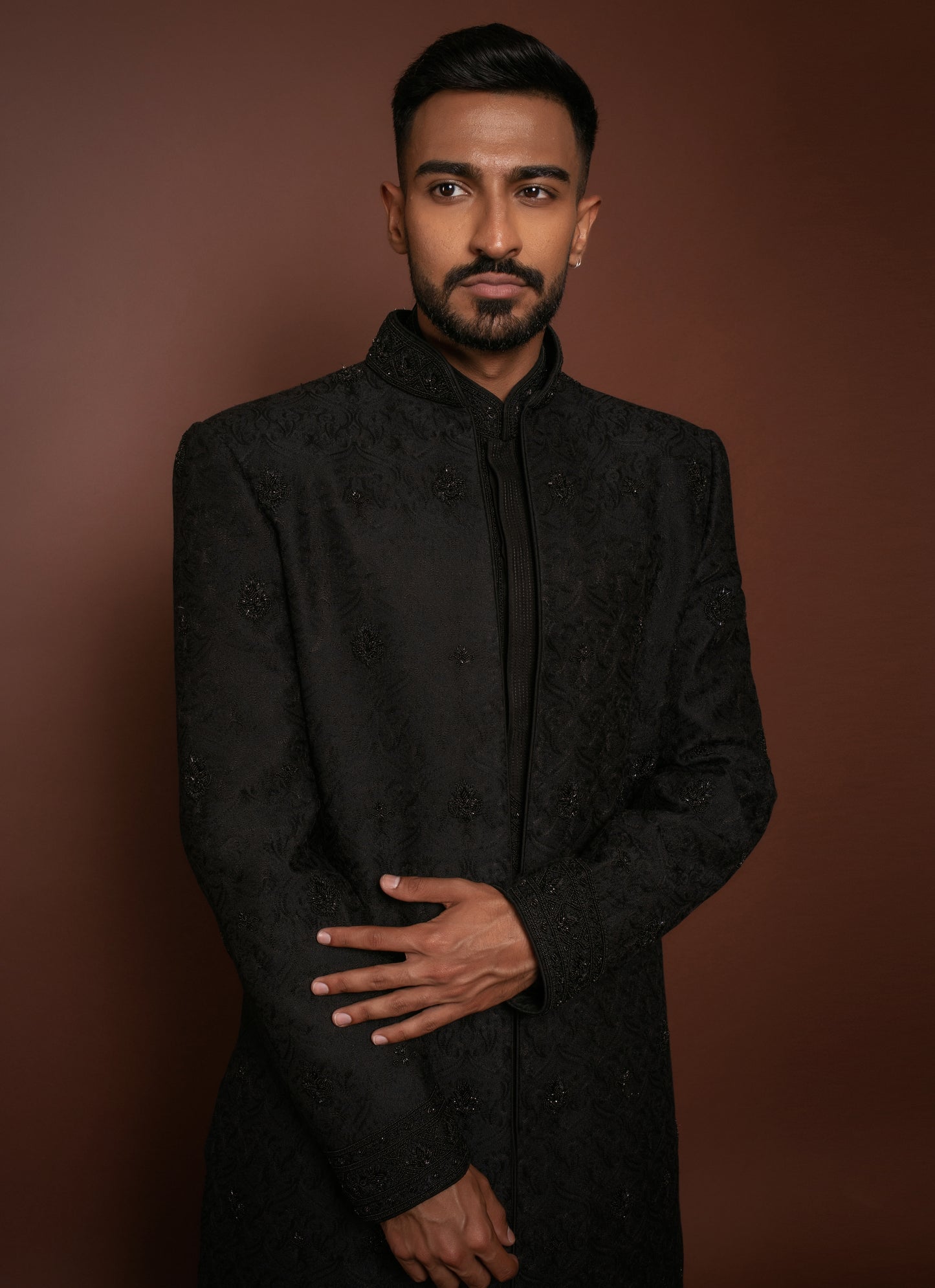 Black Open Hand Embroidered Sherwani
