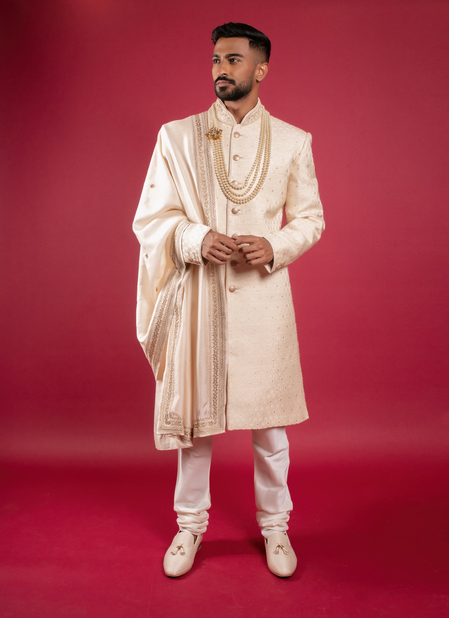 Cream Self Woven Sherwani Set