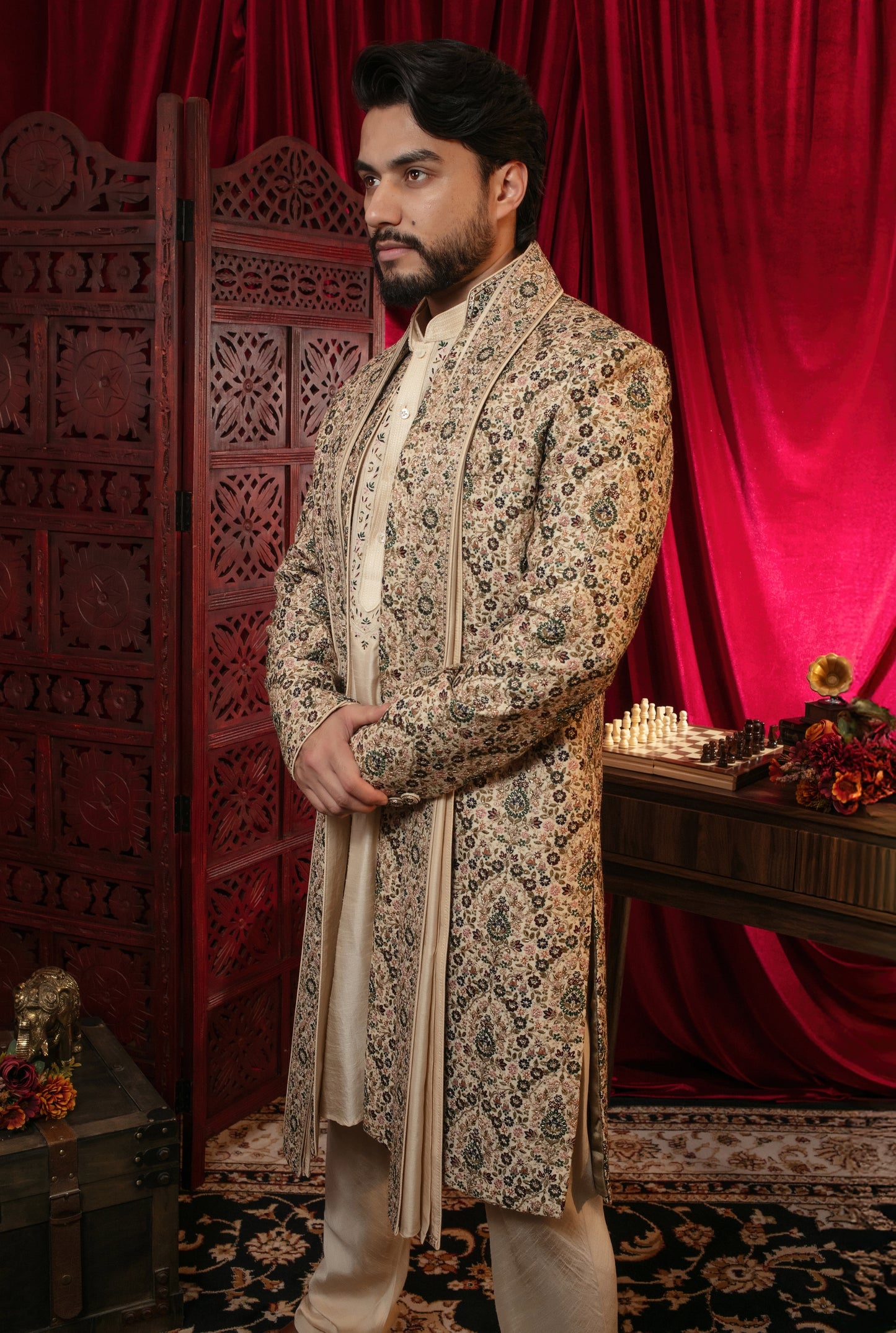 Beige Tussar Silk Floral Embroidered Sherwani Set