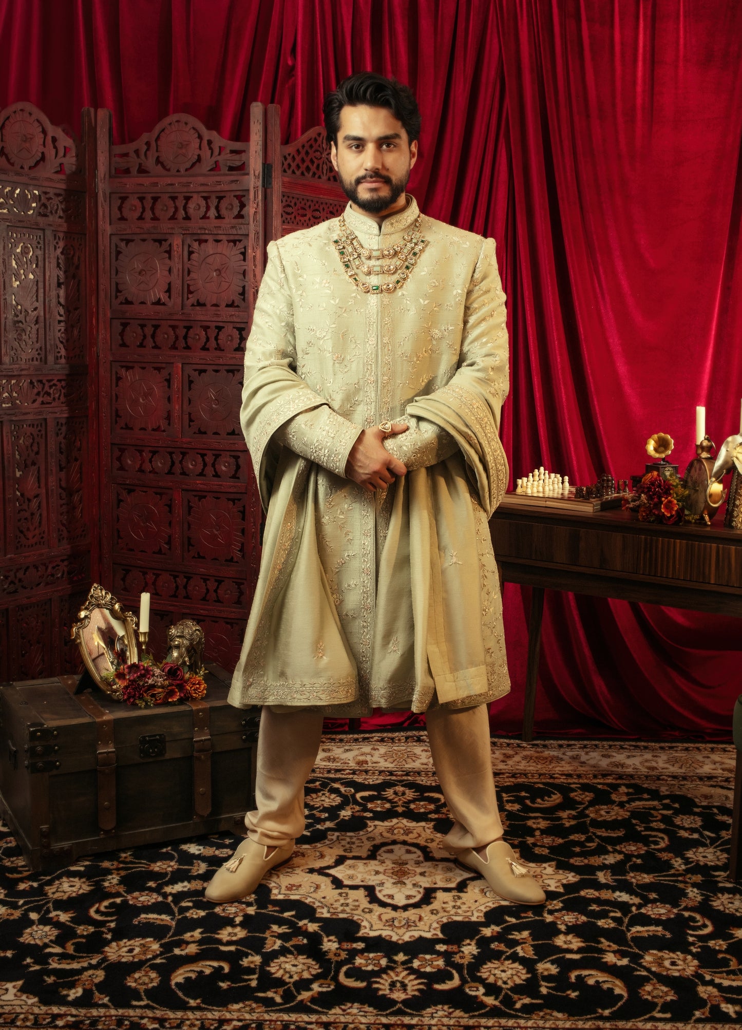 Mint Raw Silk Resham Embroidered Sherwani Set