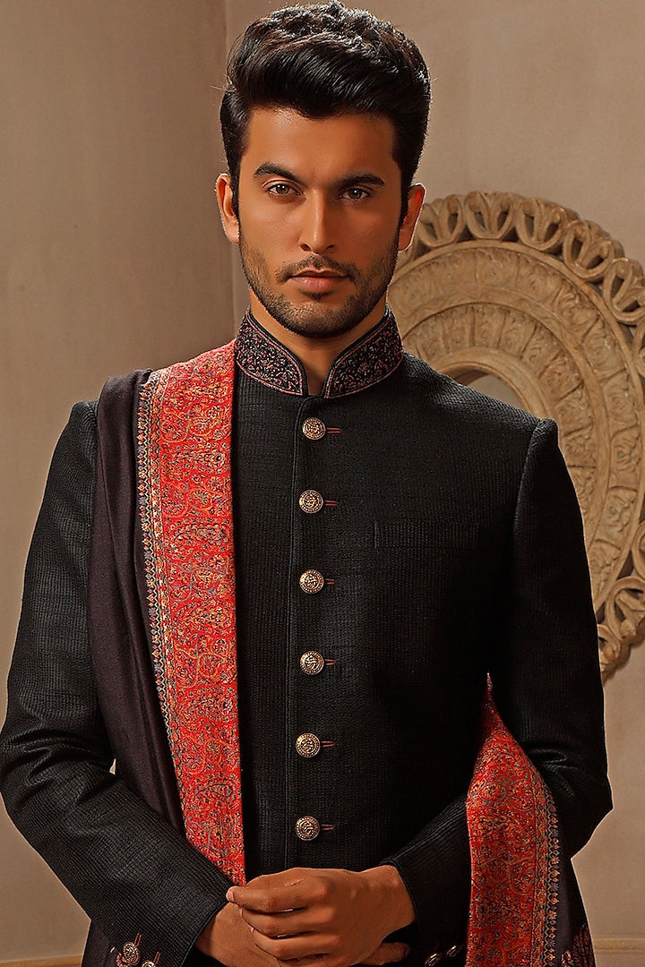 Black Raw Silk Sherwani Set