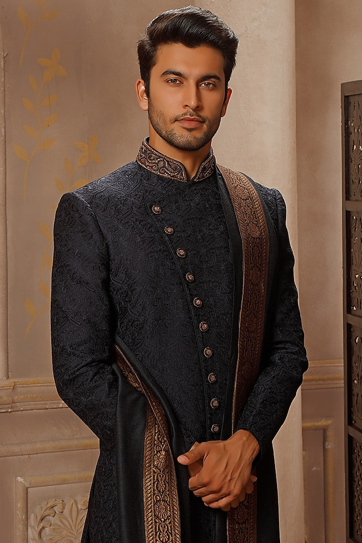 Navy Blue Hand Embroidered Sherwani Set