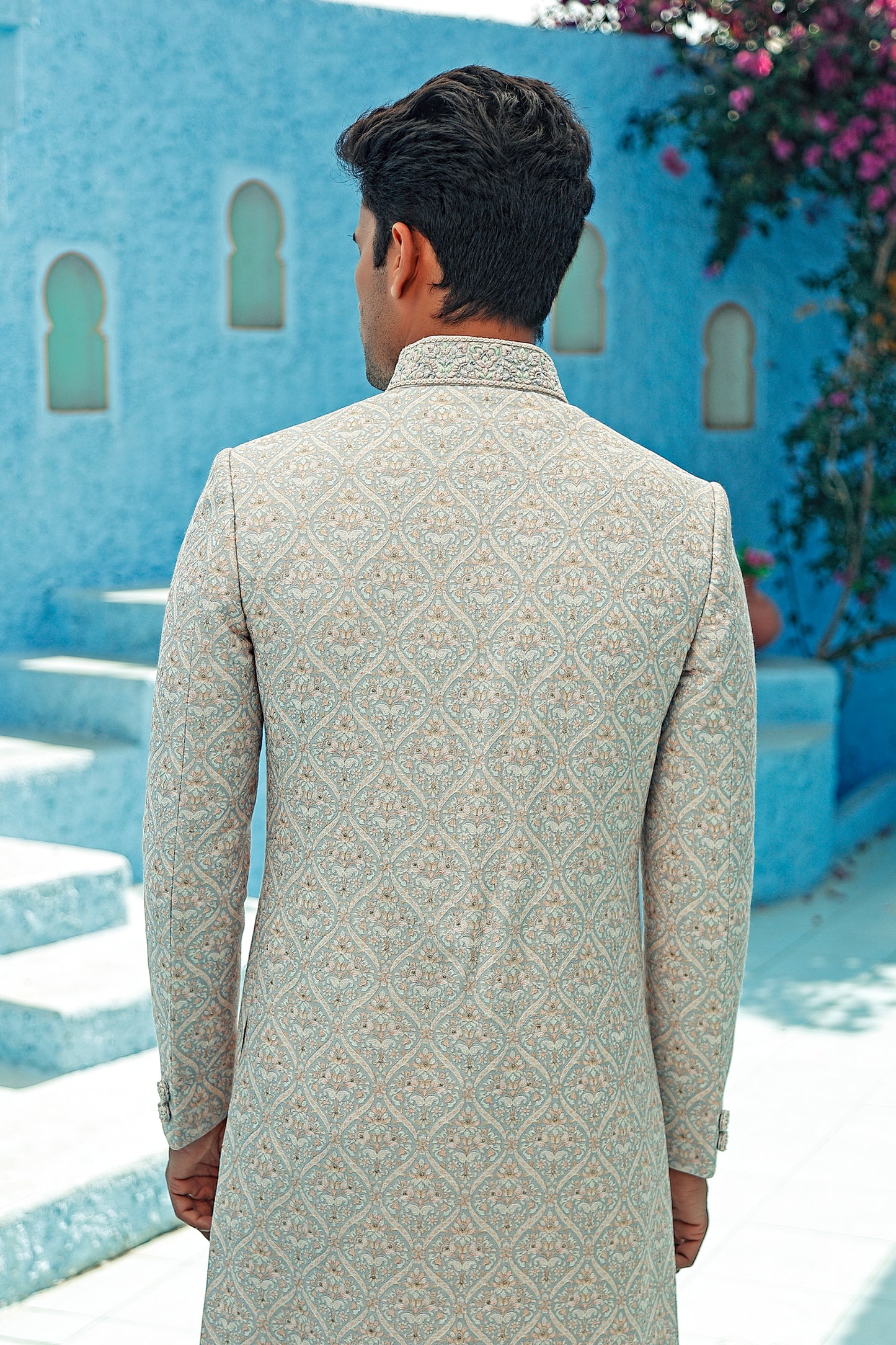 Grey Printed Sherwani with Threadwork (Peach Churidar)