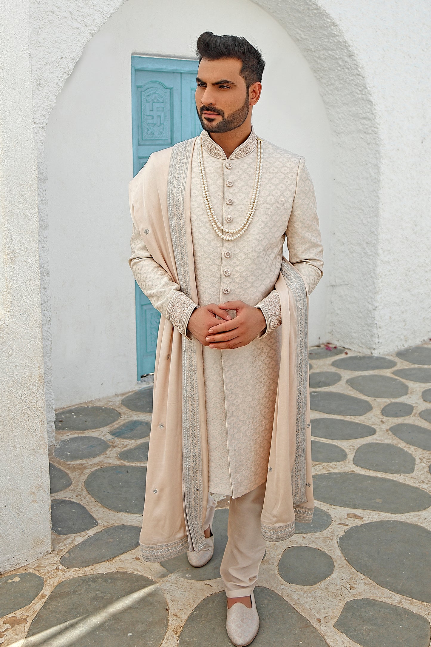 Pink Brocade Beadwork Sherwani (Ivory Churidar)