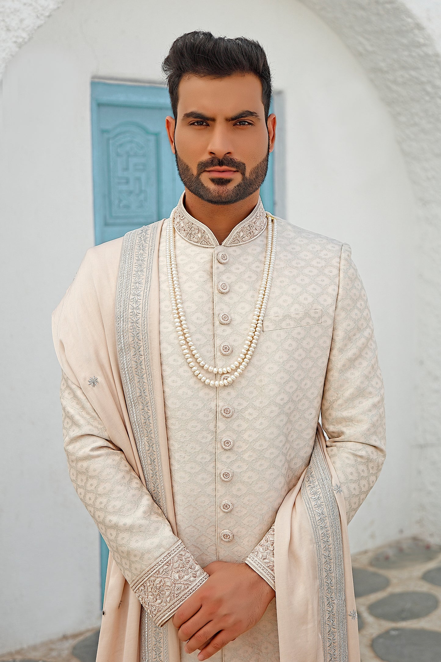 Pink Brocade Beadwork Sherwani (Ivory Churidar)