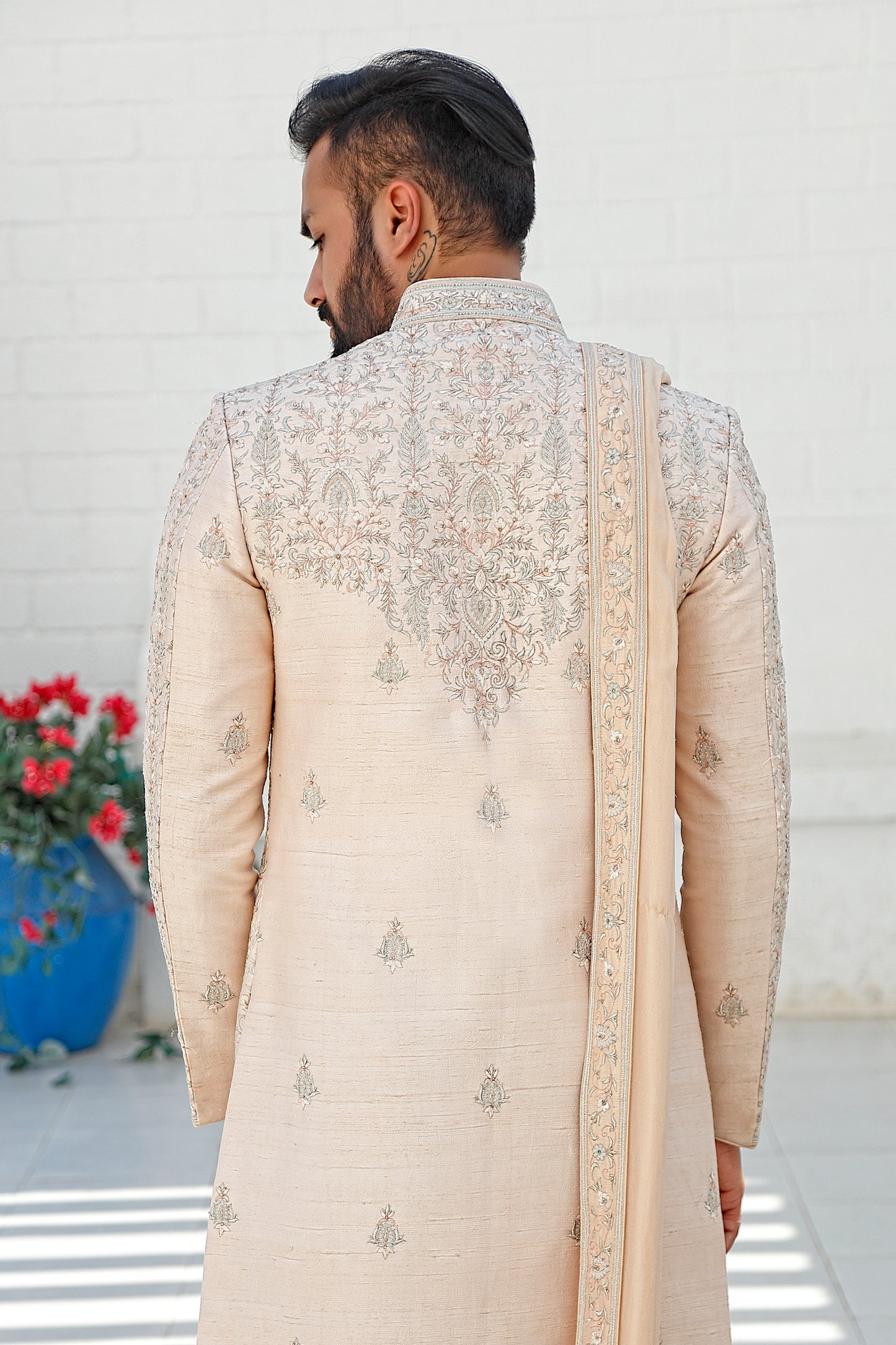 Peach Threadwork Embroidered Sherwani & Dupatta (Light Grey Kurta + Churidar)