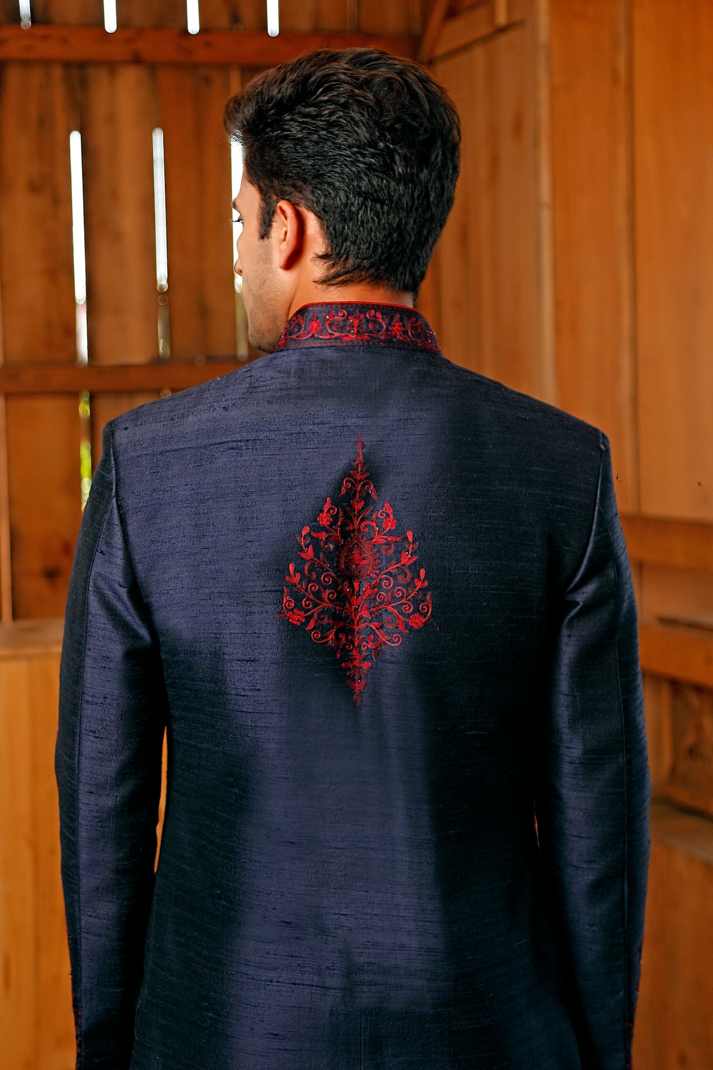 Blue Threadwork Sherwani & Dupatta (Maroon Churidar)