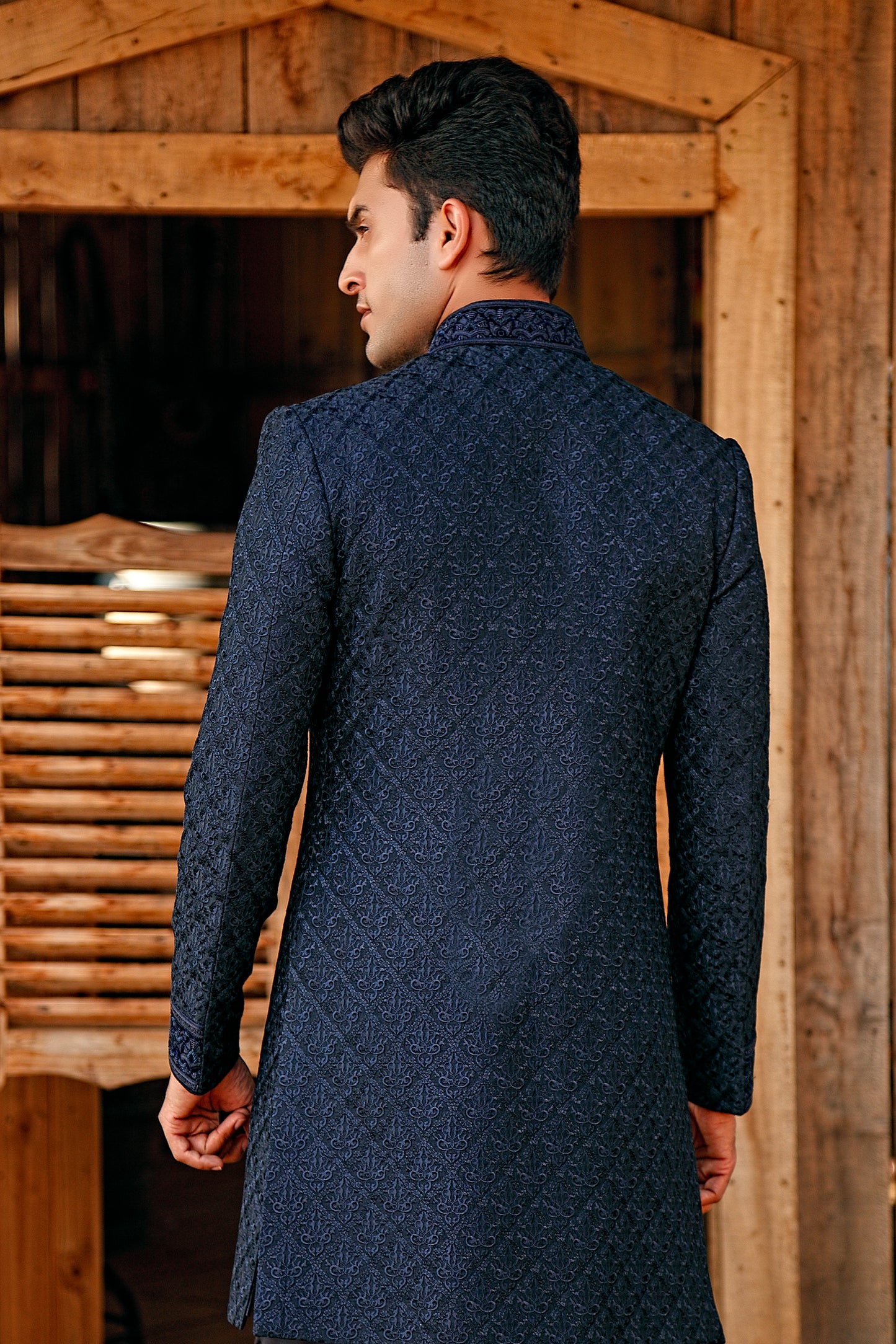 Blue Threadwork Embroidered Sherwani Set