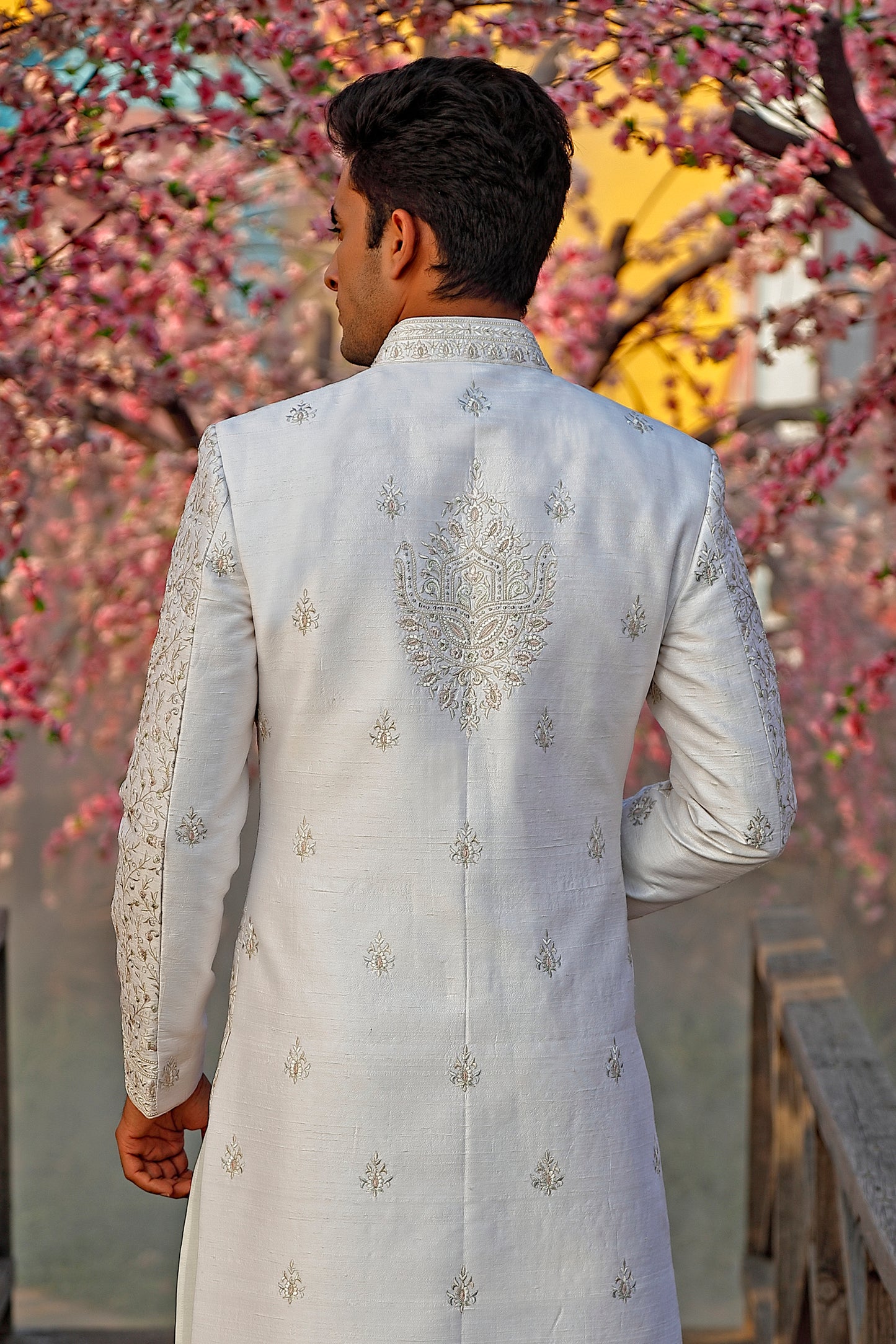Ivory & Pink Threadwork Embroidered Sherwani & Dupatta (Pink Kurta + Churidar)