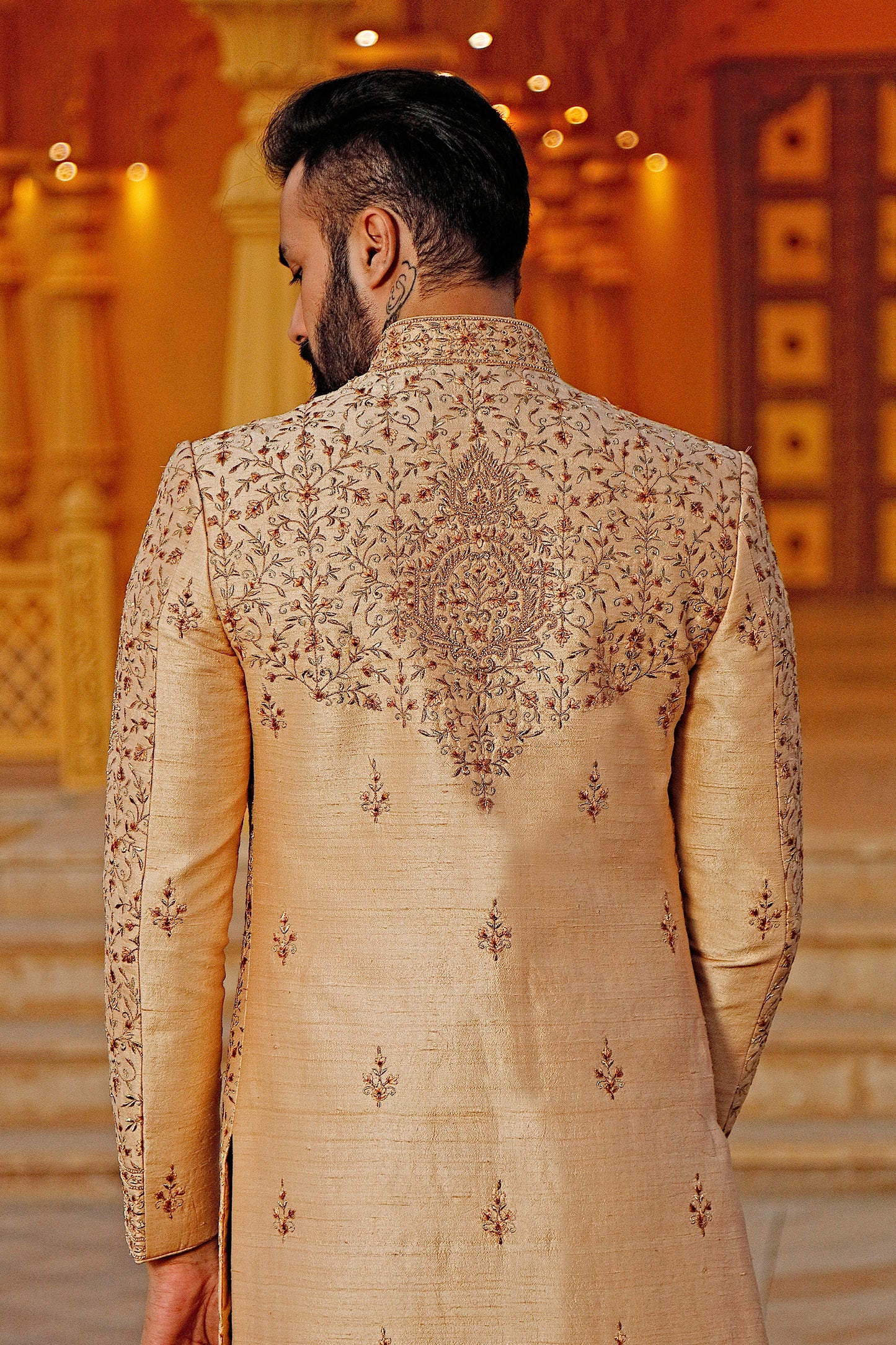 Gold Threadwork Embroidered Sherwnani & Dupatta (Gold Kurta + Churidar)