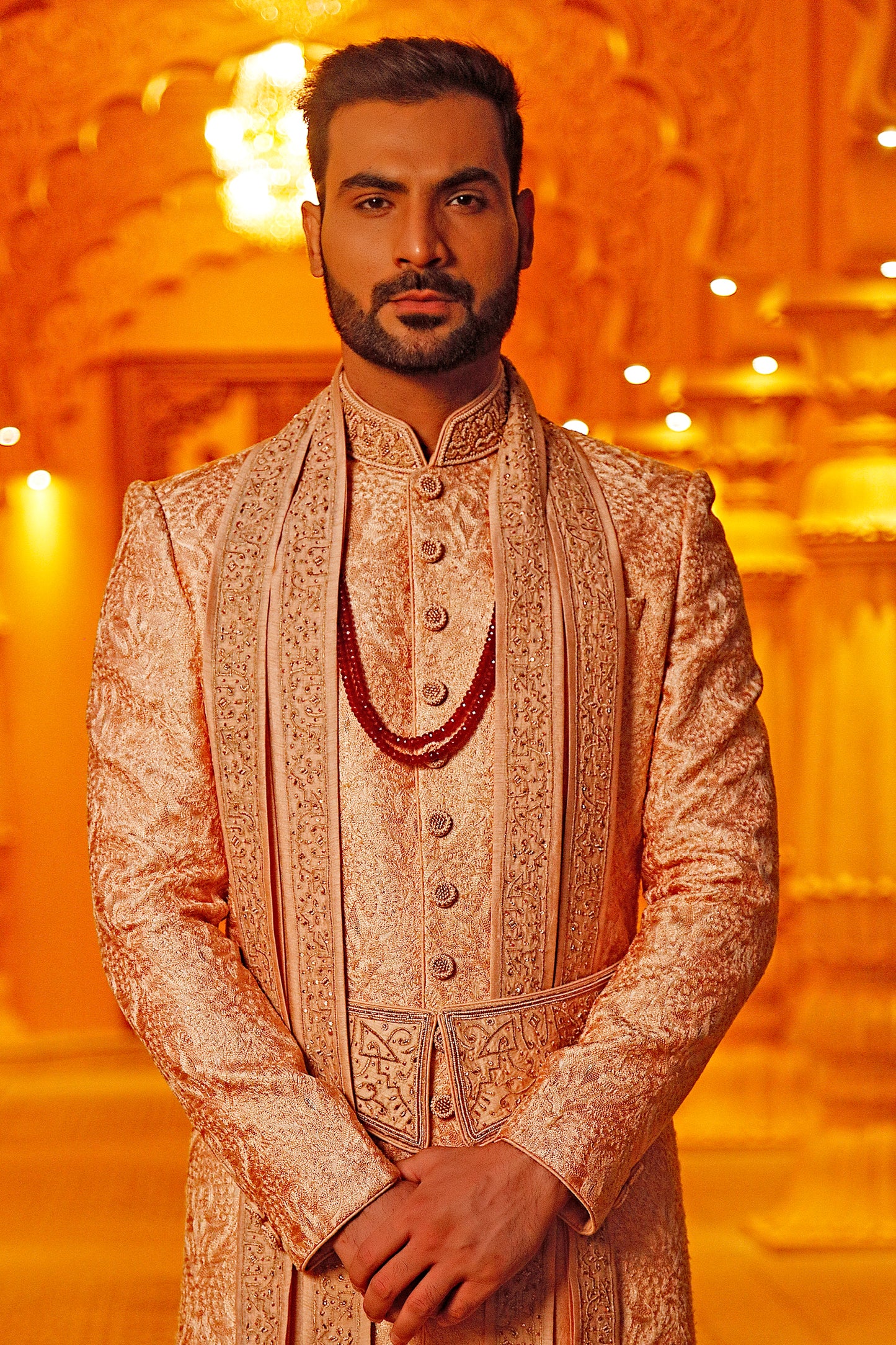 Threadwork Embroidered Sherwani & Pleated Scarf (Churidar)