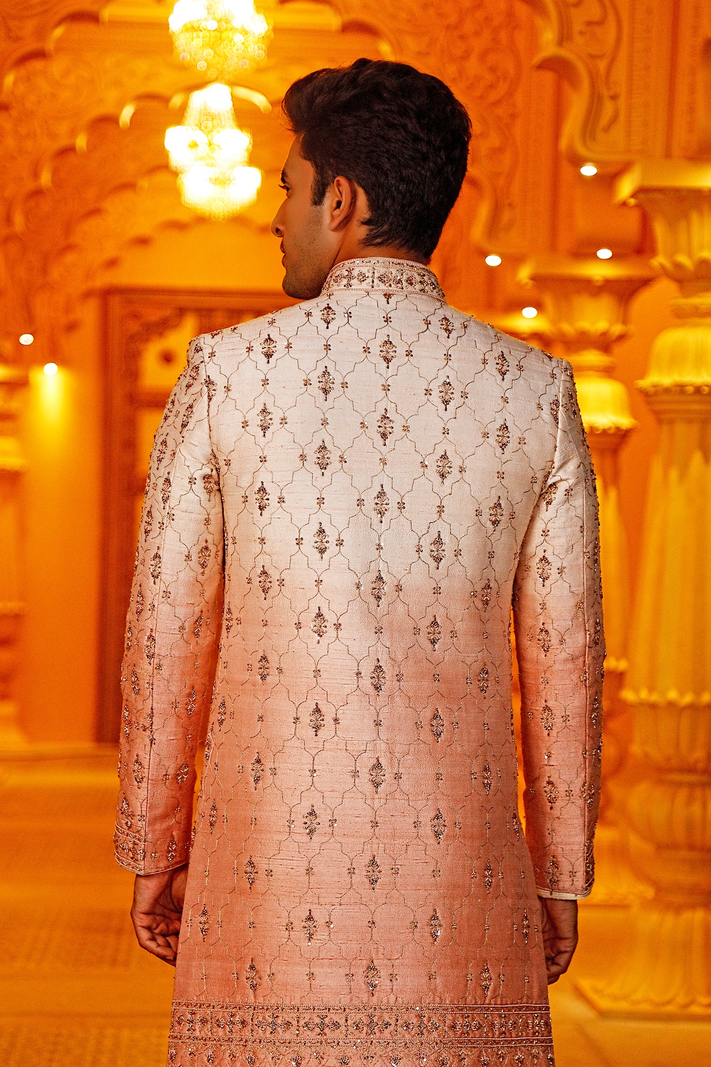 Peach Ombre Embroidered Sherwani & Dupatta (Peach Kurta + Churidar)