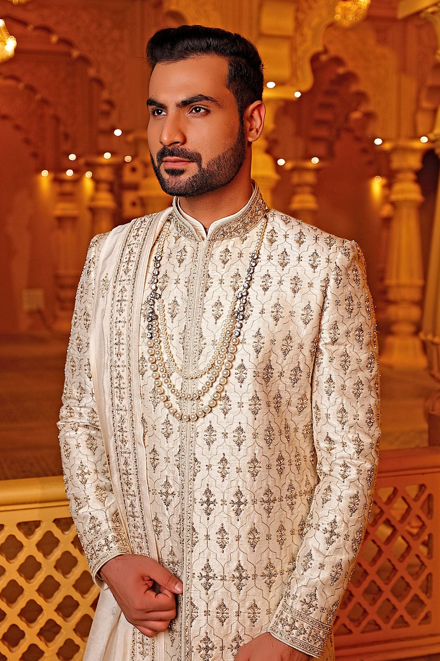 Ivory Pearl Embroidered Sherwani & Dupatta (Ivory Kurta + Churidar)