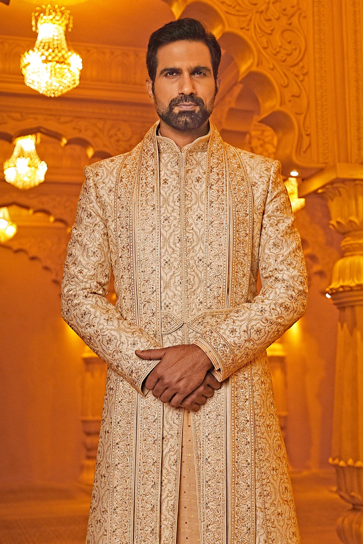 Ivory Threadwork Embroidered Sherwani & Pleated Dupatta (Peach Kurta + Churidar + Belt)