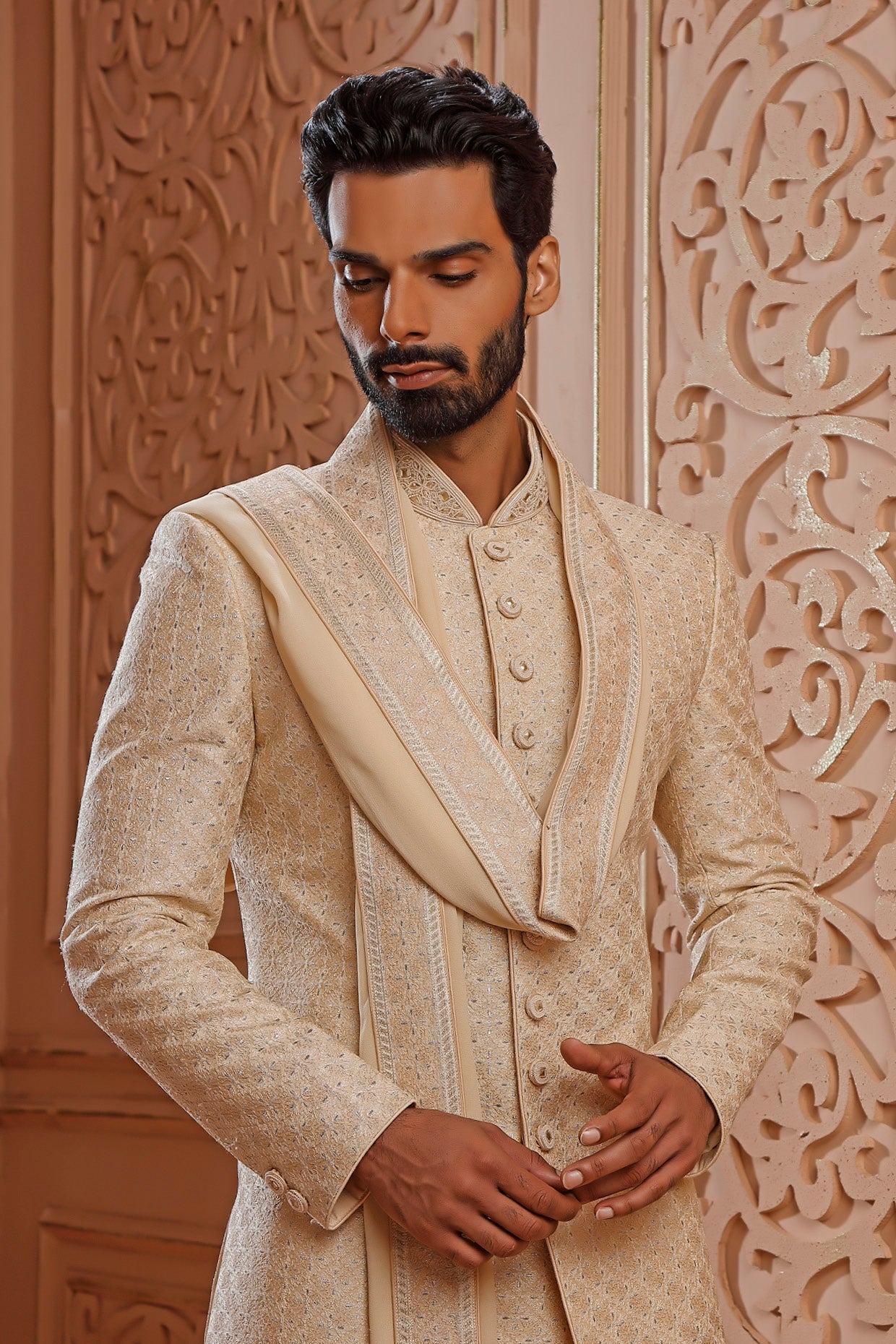 Beige Chanderi Sherwani Set