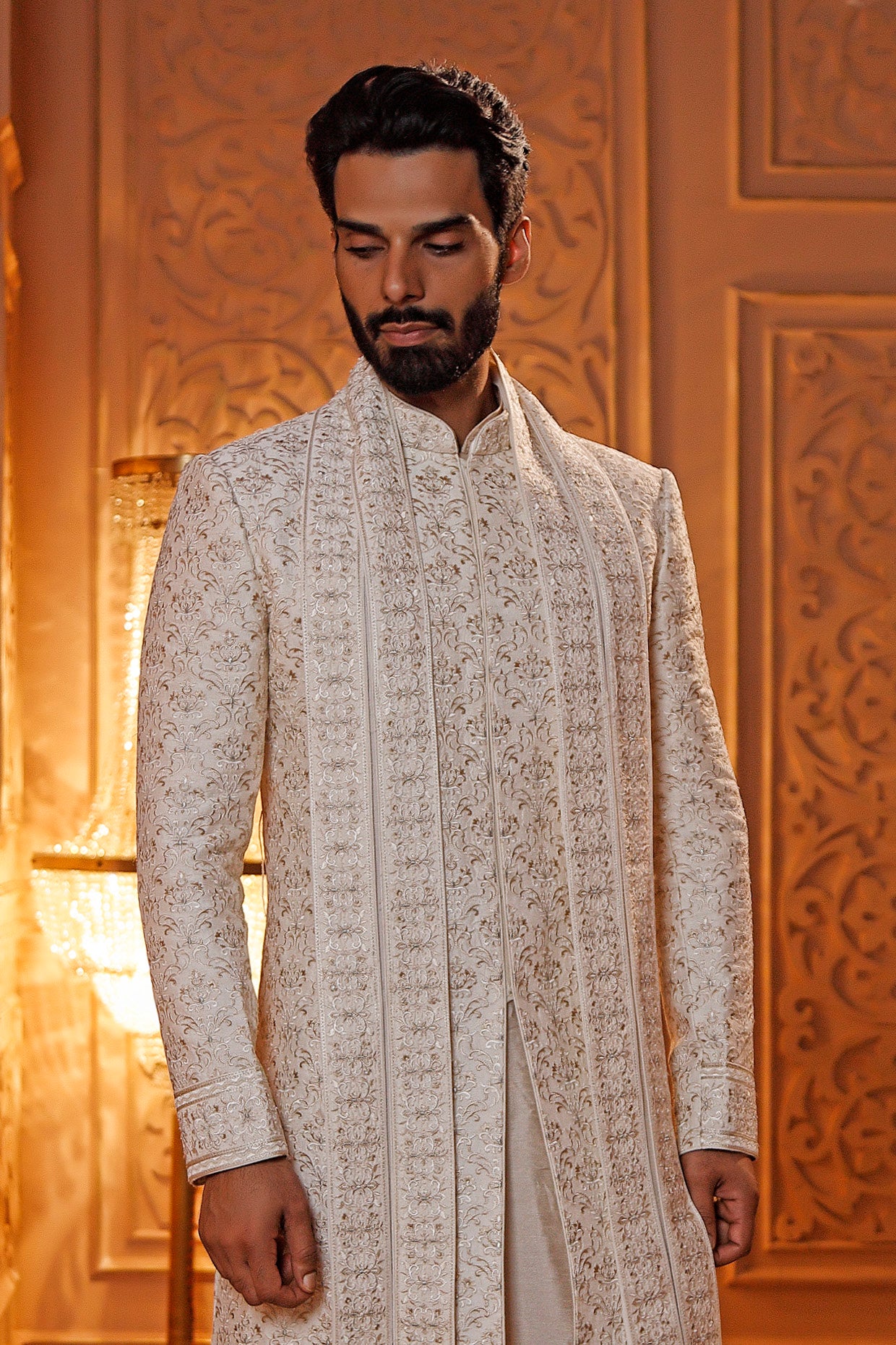Pearl Raw Silk Sherwani Set