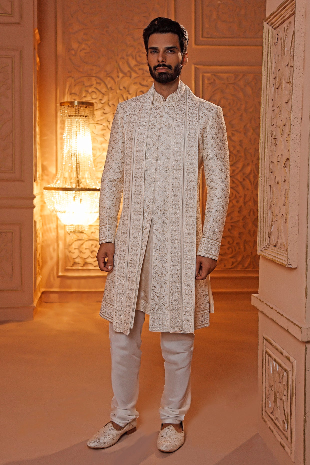 Pearl Raw Silk Sherwani Set