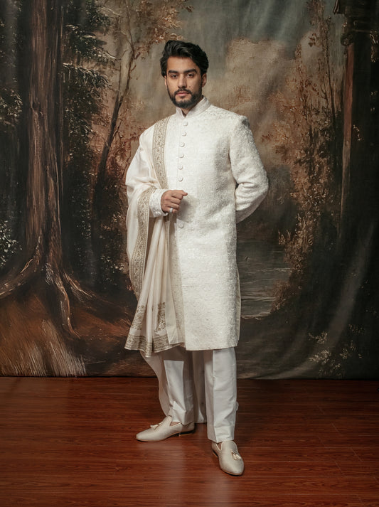 Ivory Embroidered Sherwani Set