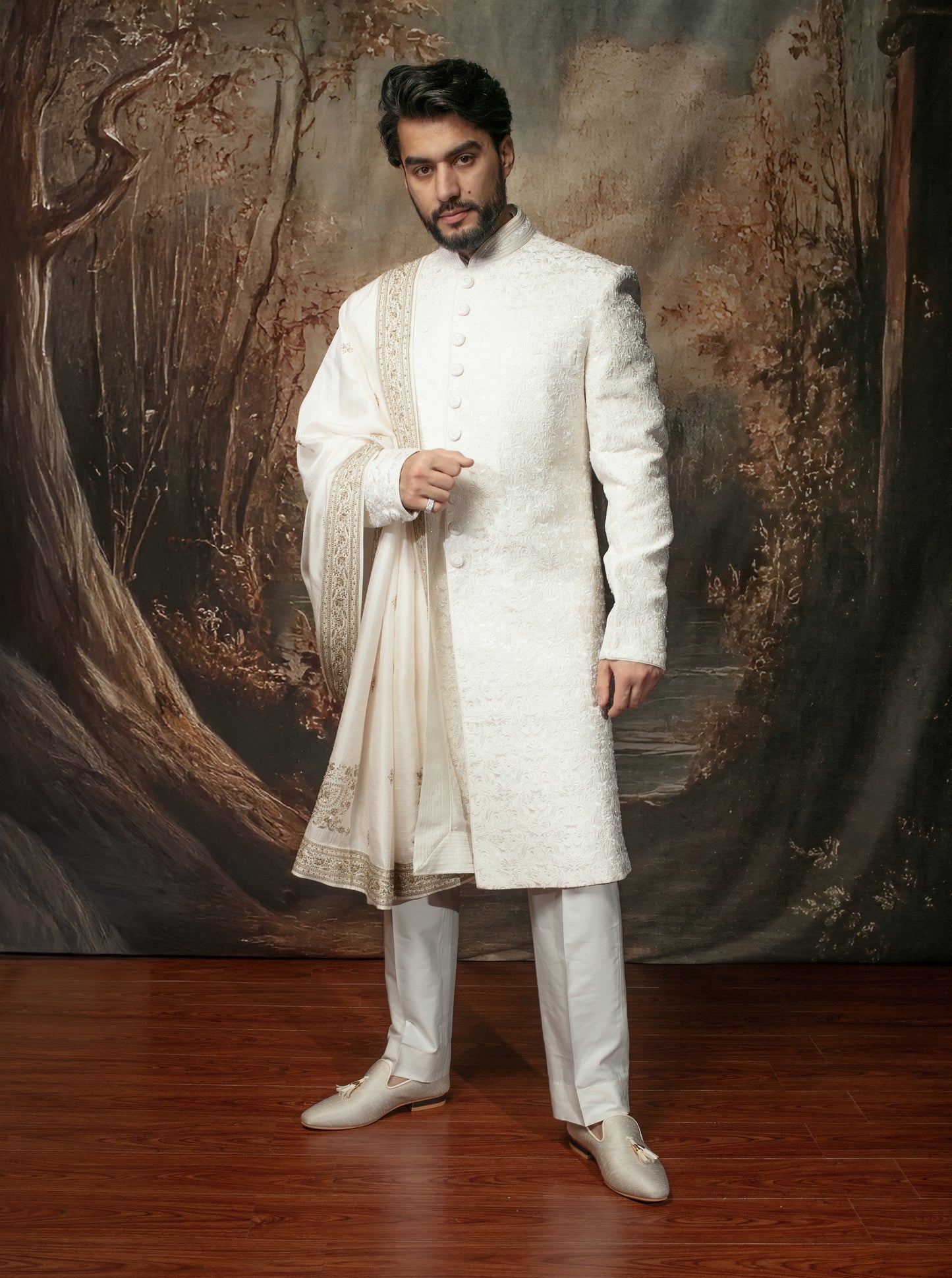 Ivory Embroidered Sherwani Set