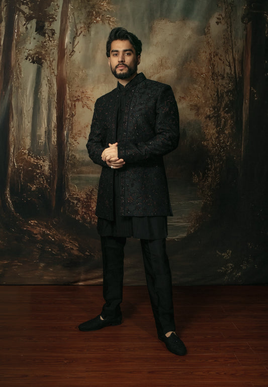 Black Open Sherwani Set