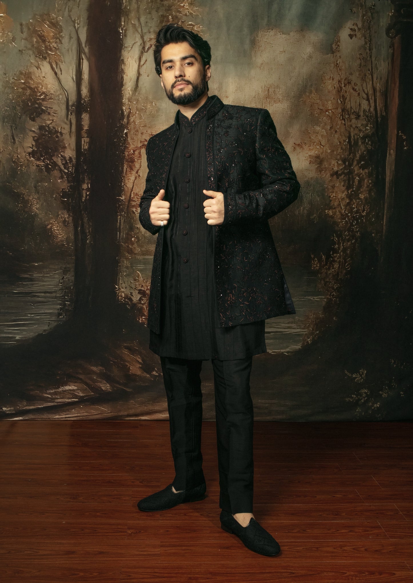 Black Open Sherwani Set