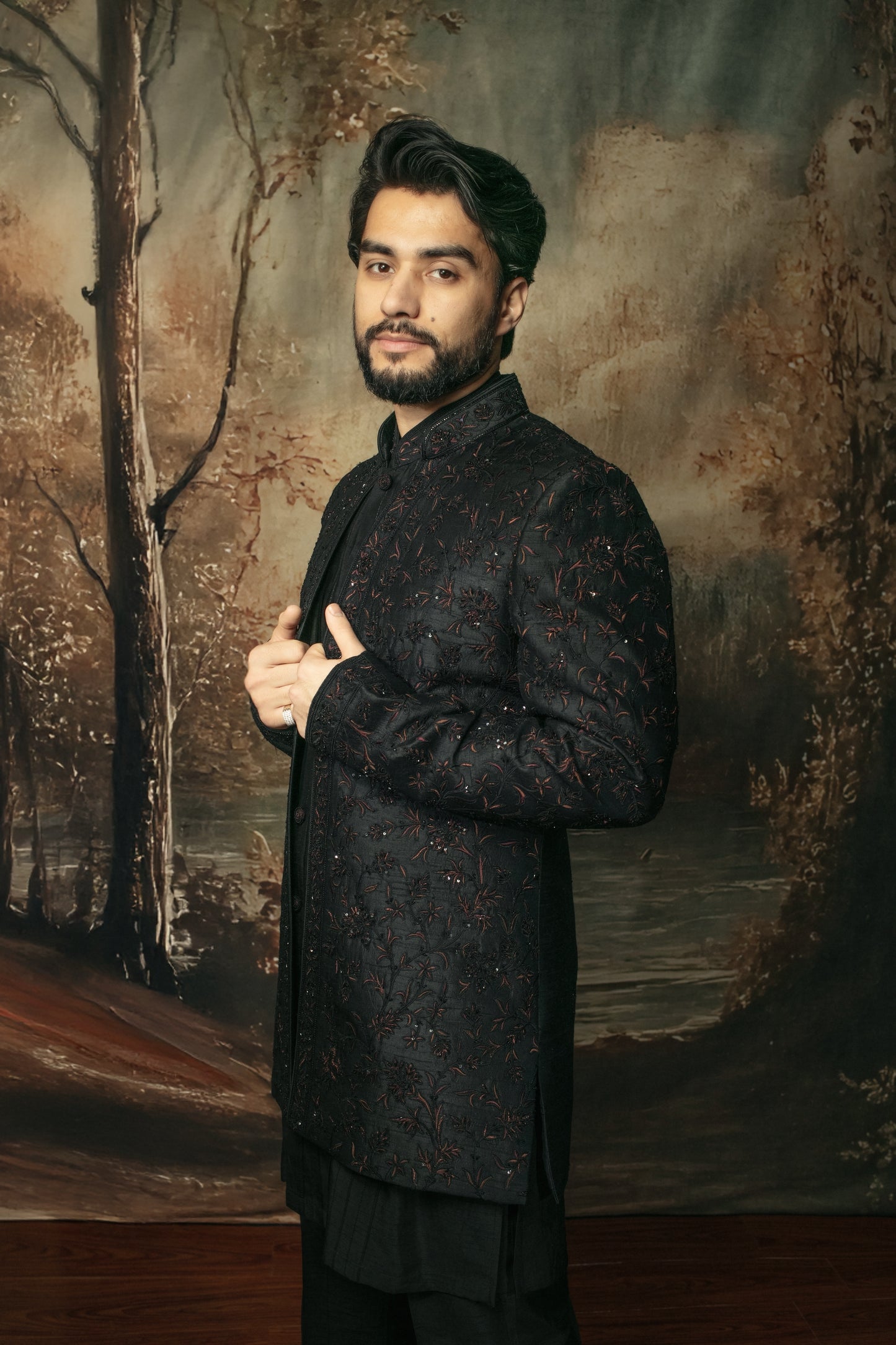 Black Open Sherwani Set