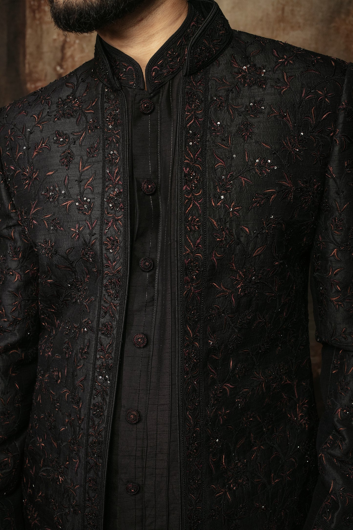 Black Open Sherwani Set