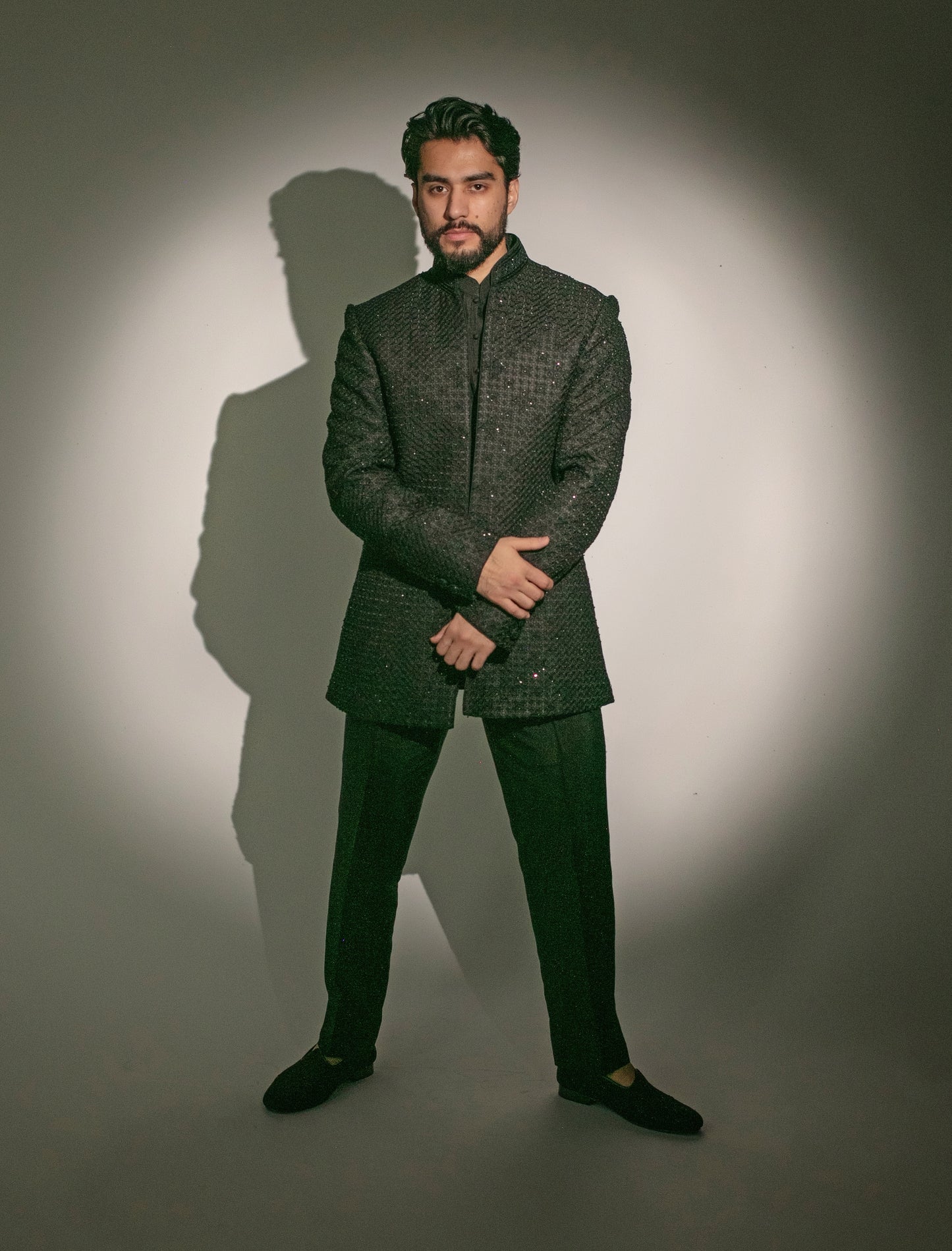 Black Embroidered Open Sherwani Set