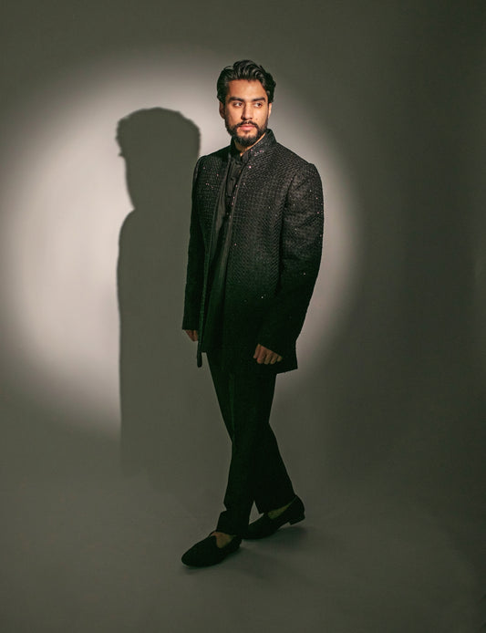 Black Embroidered Open Sherwani Set