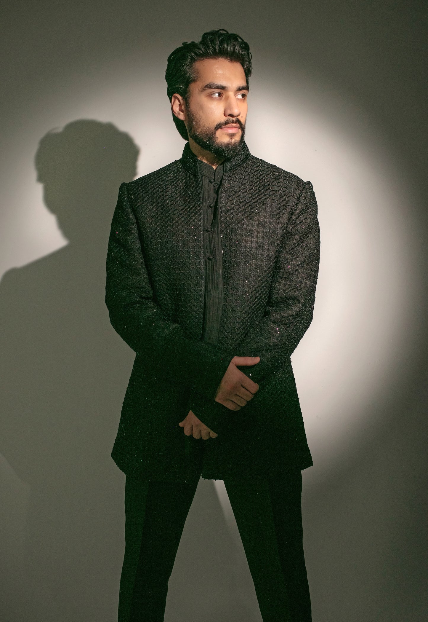 Black Embroidered Open Sherwani Set