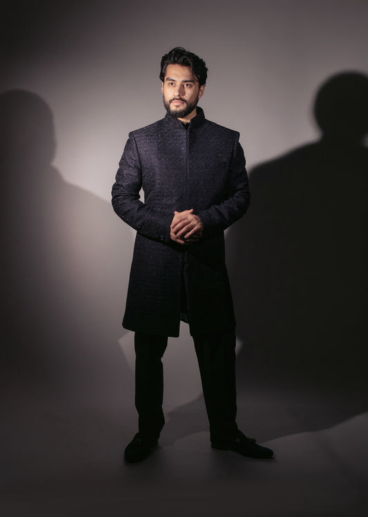 Blue Embroidered Sherwani Set