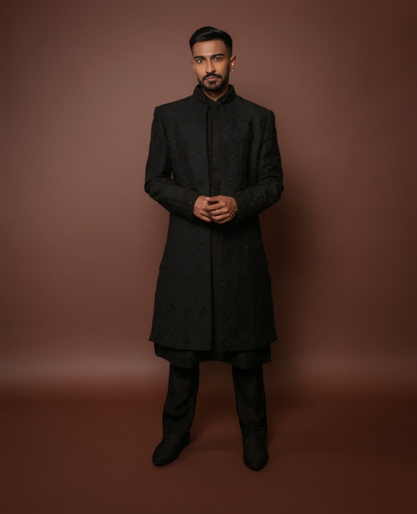 Black Open Hand Embroidered Sherwani