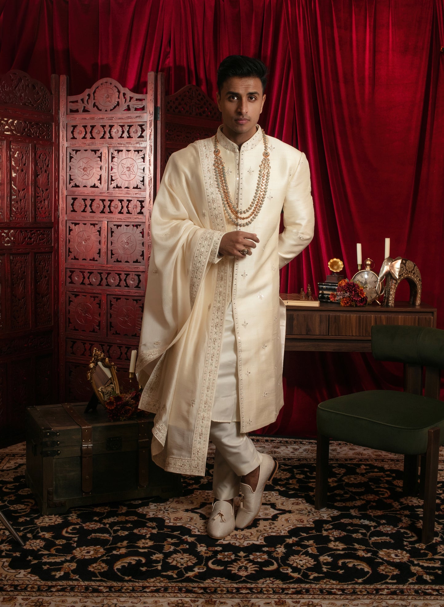 Rawsilk Sherwani Set with Mirrorwork Embroidery