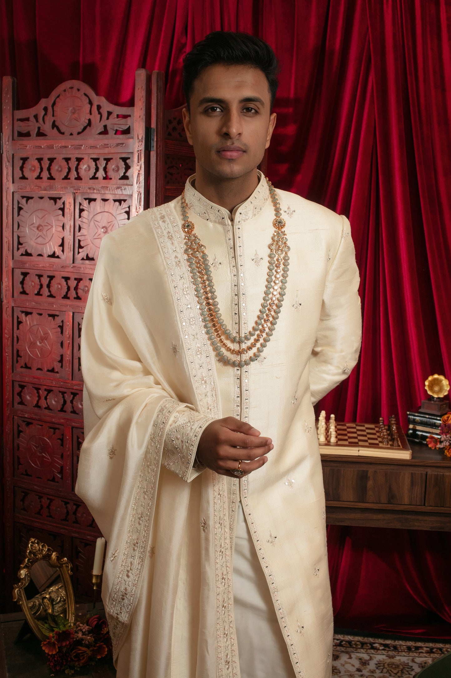 Rawsilk Sherwani Set with Mirrorwork Embroidery