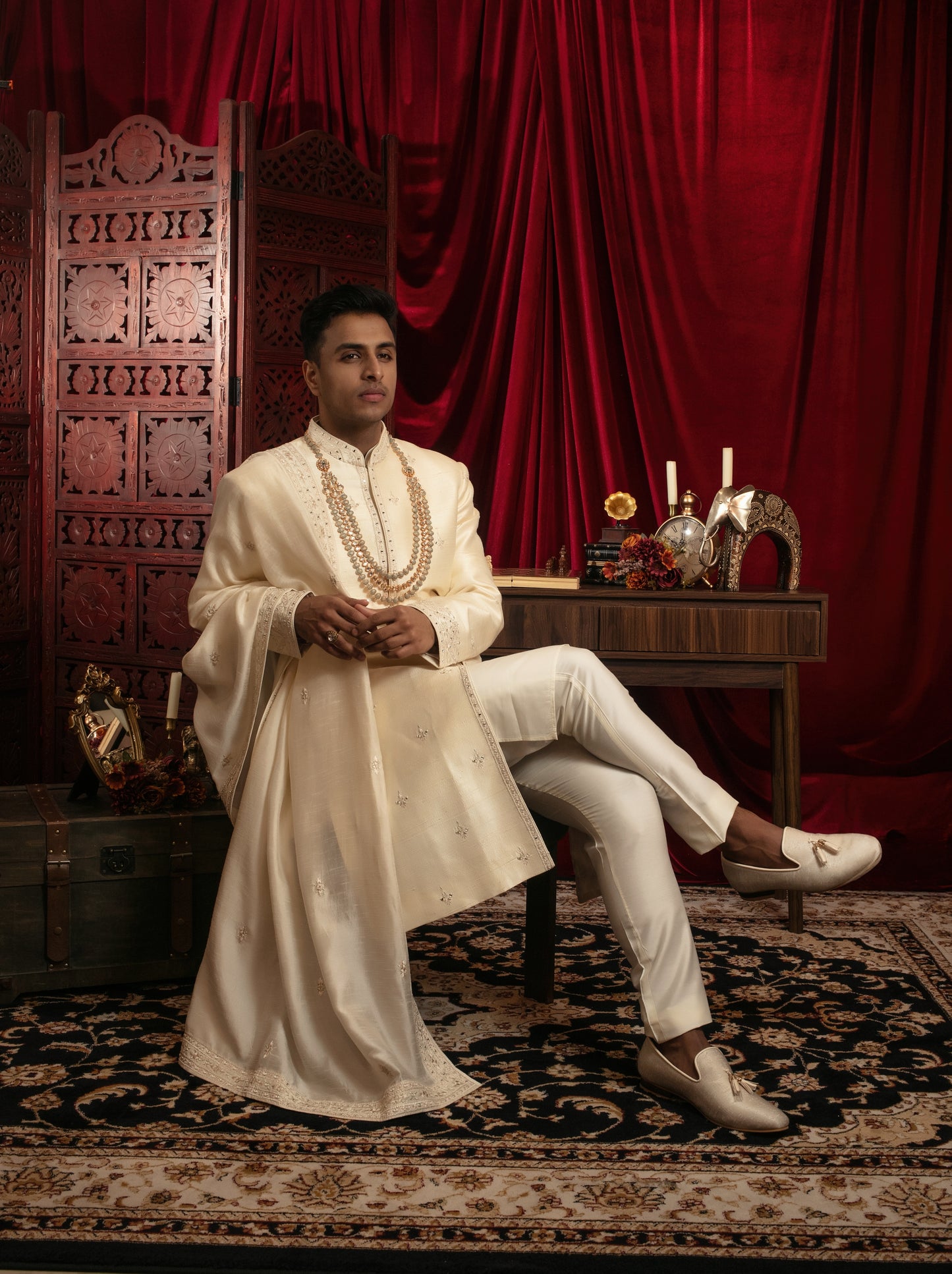 Rawsilk Sherwani Set with Mirrorwork Embroidery