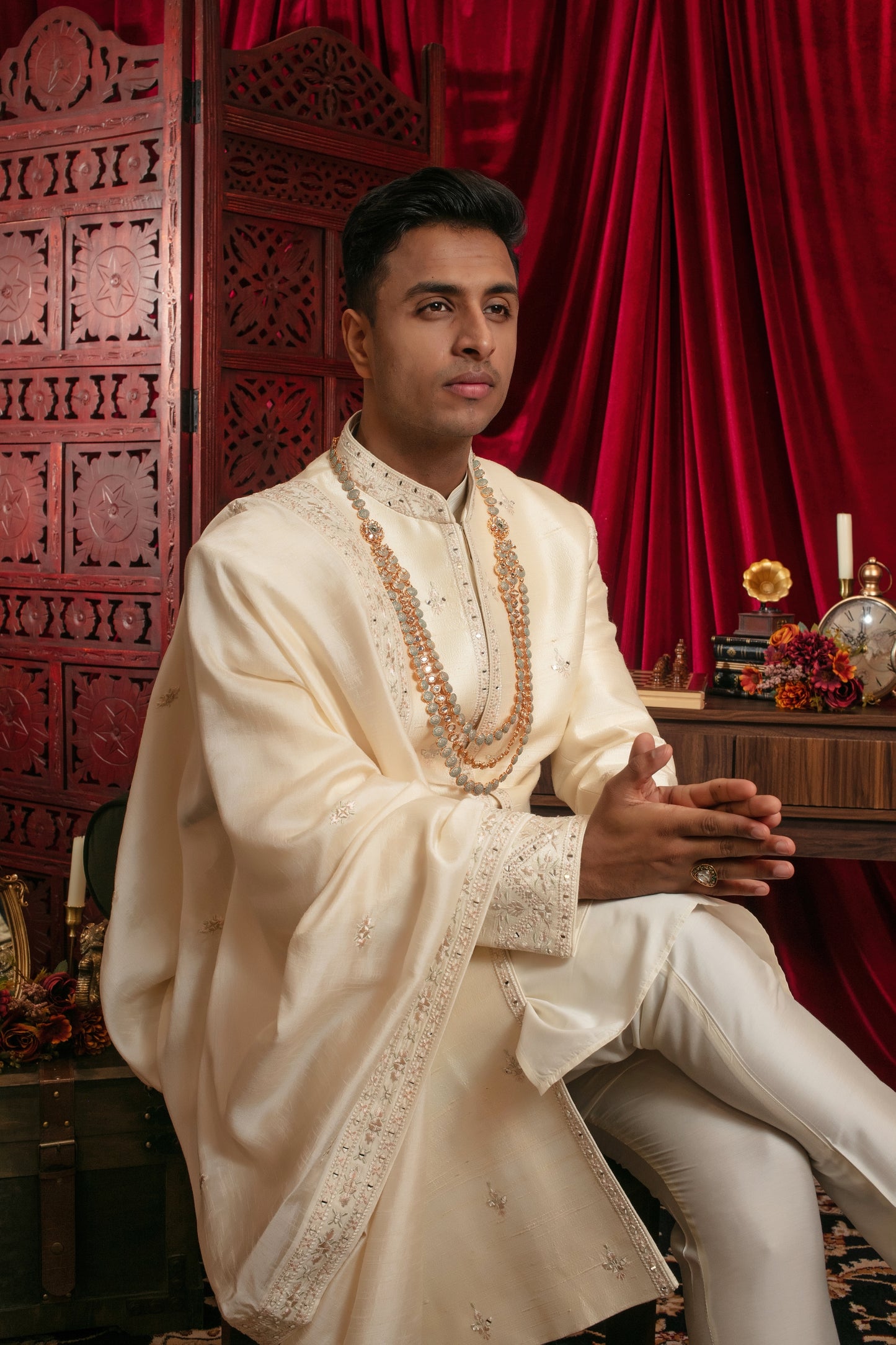 Rawsilk Sherwani Set with Mirrorwork Embroidery