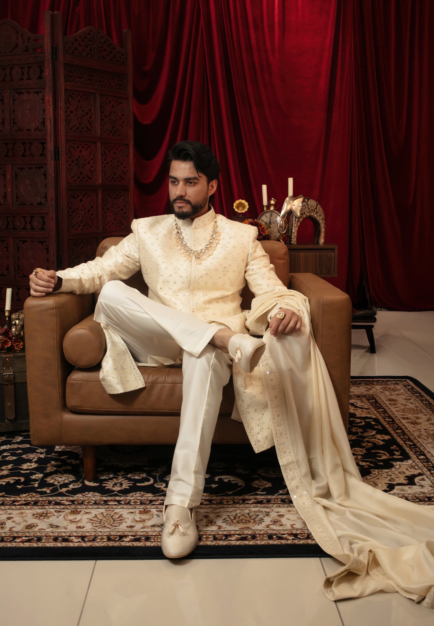 Rawsilk Sherwani Set with Mirrorwork Embroidery