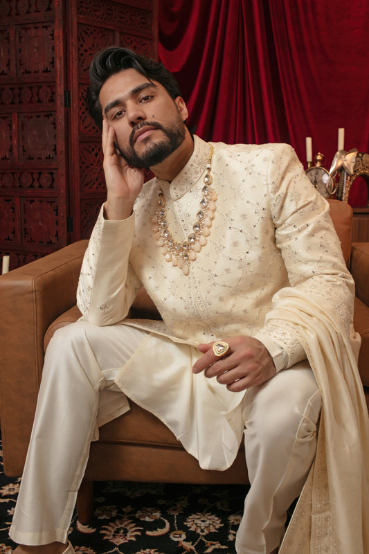 Rawsilk Sherwani Set with Mirrorwork Embroidery