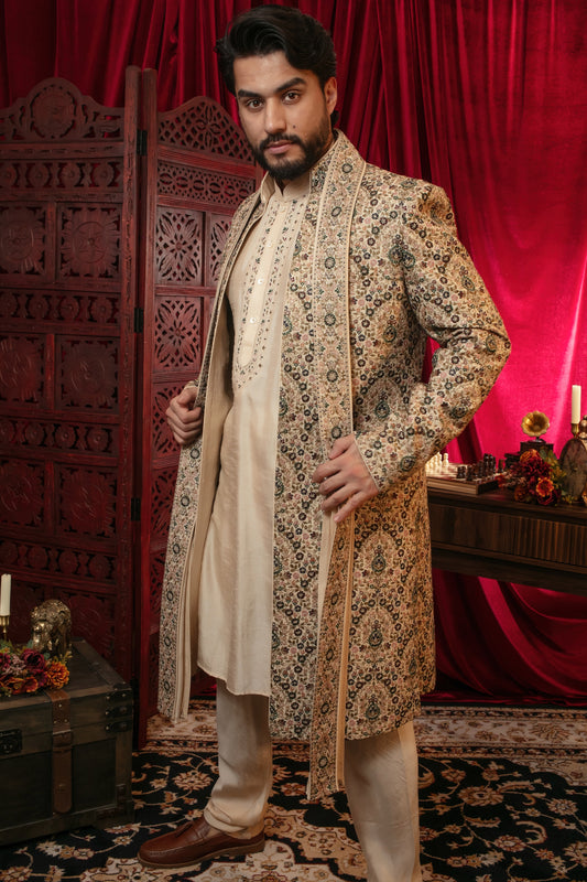 Beige Tussar Silk Floral Embroidered Sherwani Set