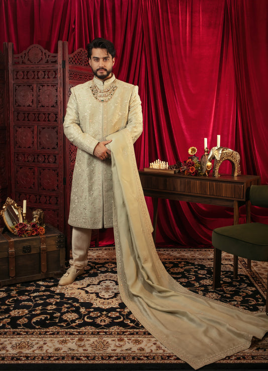 Mint Raw Silk Resham Embroidered Sherwani Set