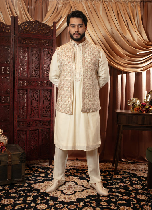 Cream Kashmiri Waistcoat Set