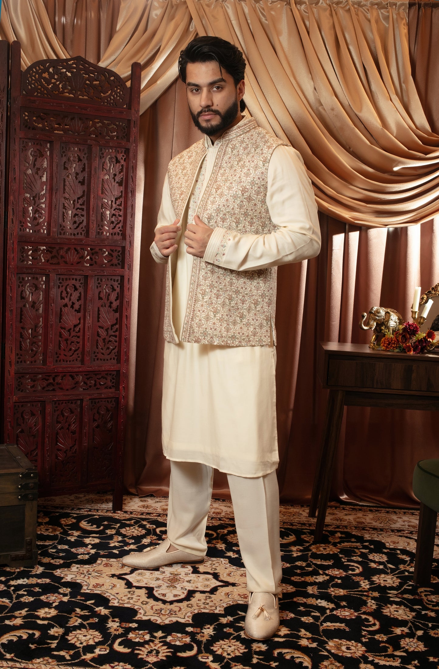 Cream Kashmiri Waistcoat Set