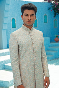 Grey Printed Sherwani with Threadwork (Peach Churidar)