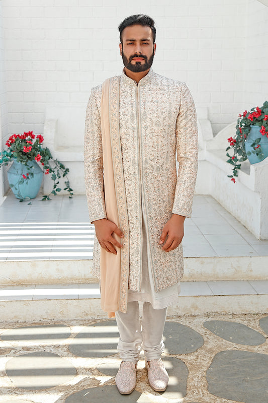 Peach Threadwork Embroidered Sherwani & Dupatta (Light Grey Kurta + Churidar)