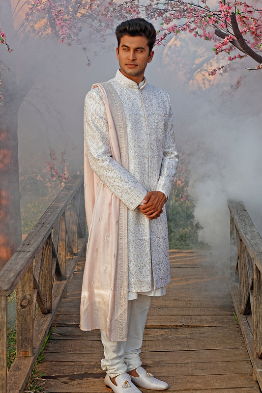 Ivory & Pink Threadwork Embroidered Sherwani &  Dupatta (Pink Kurta + Churidar)