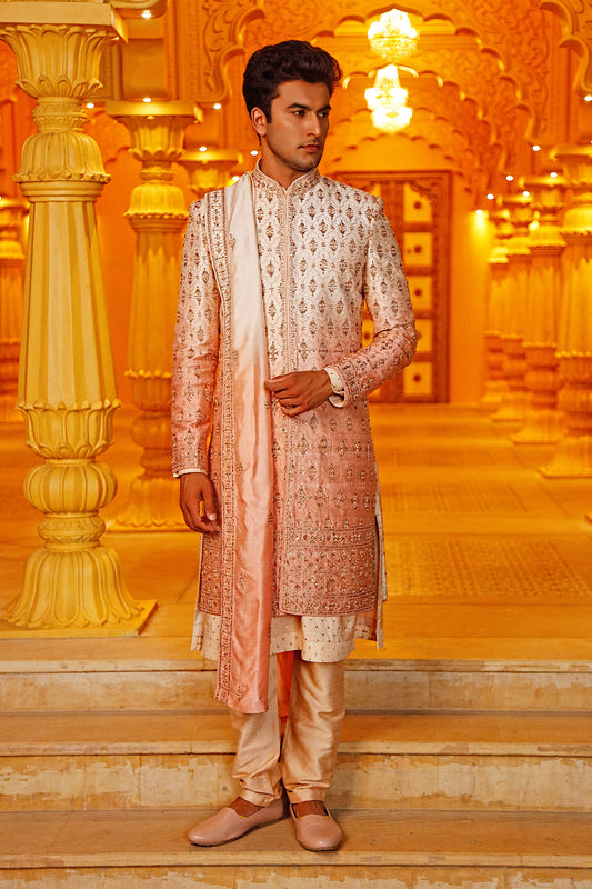 Peach Ombre Embroidered Sherwani & Dupatta (Peach Kurta + Churidar)