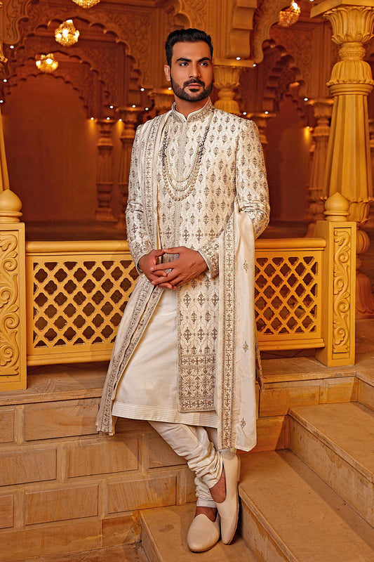 Ivory Pearl Embroidered Sherwani & Dupatta (Ivory Kurta + Churidar)