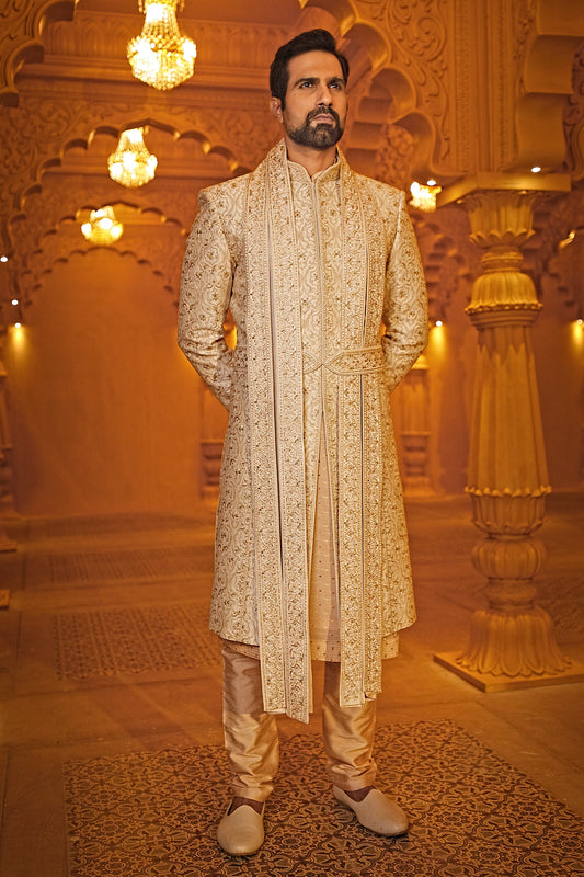 Ivory Threadwork Embroidered Sherwani &  Pleated Dupatta (Peach Kurta + Churidar + Belt)